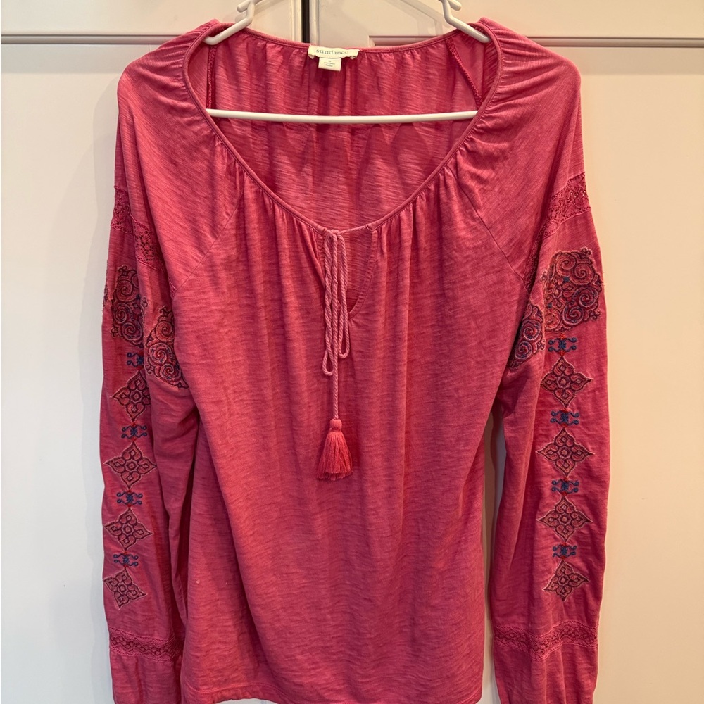 Women's Sundance Catalog Pink Embroidered Tassel Peasant Top